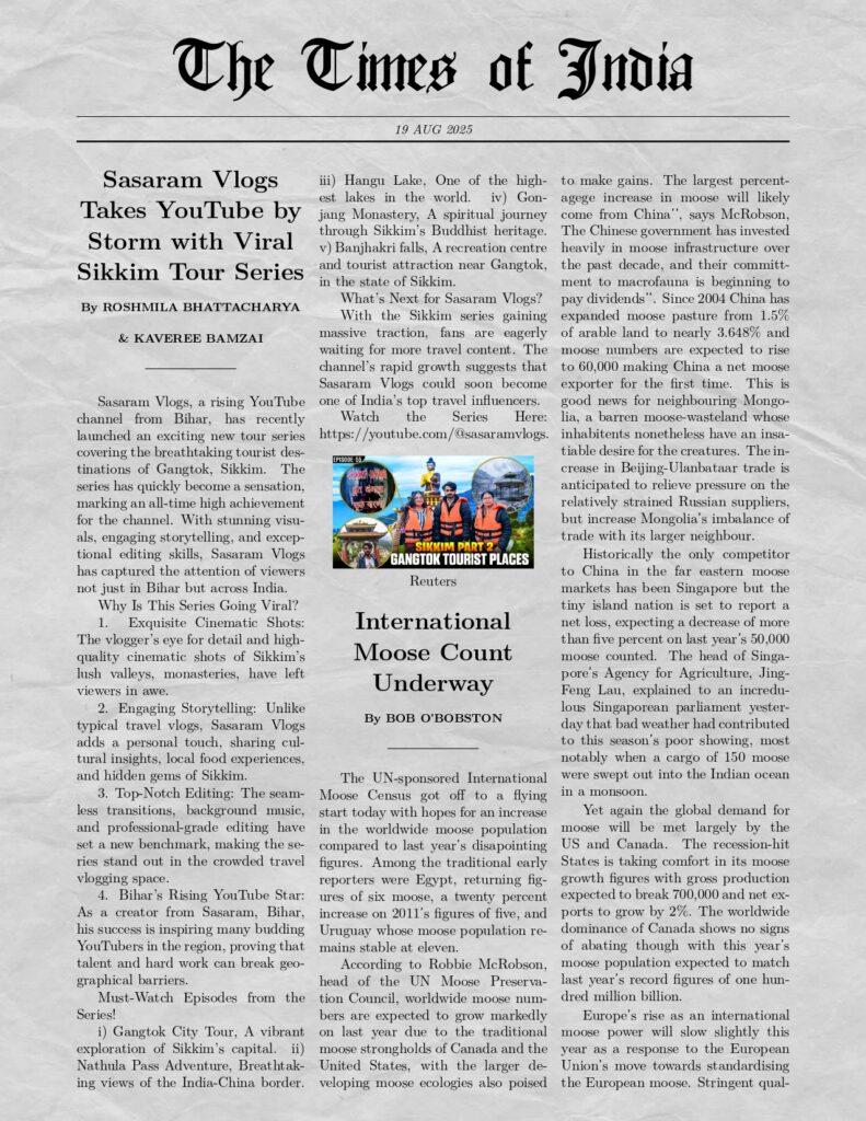 The Times of India covering a YouTube channel named "Sasaram Vlogs"